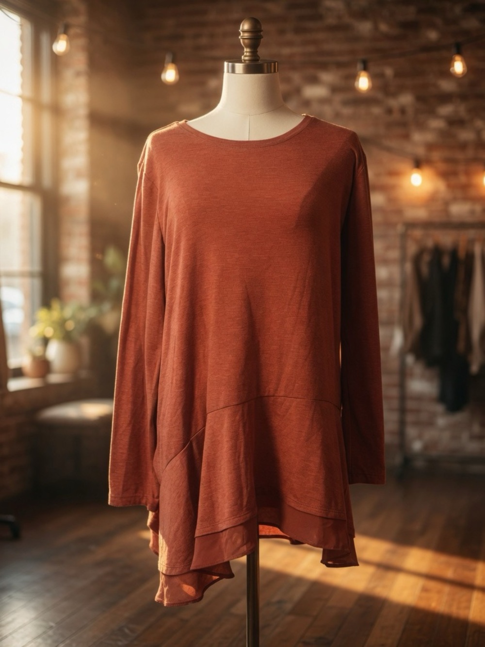 Logo Lounge Long Sleeve Chiffon Ruffle Hem Tunic Top with Pockets